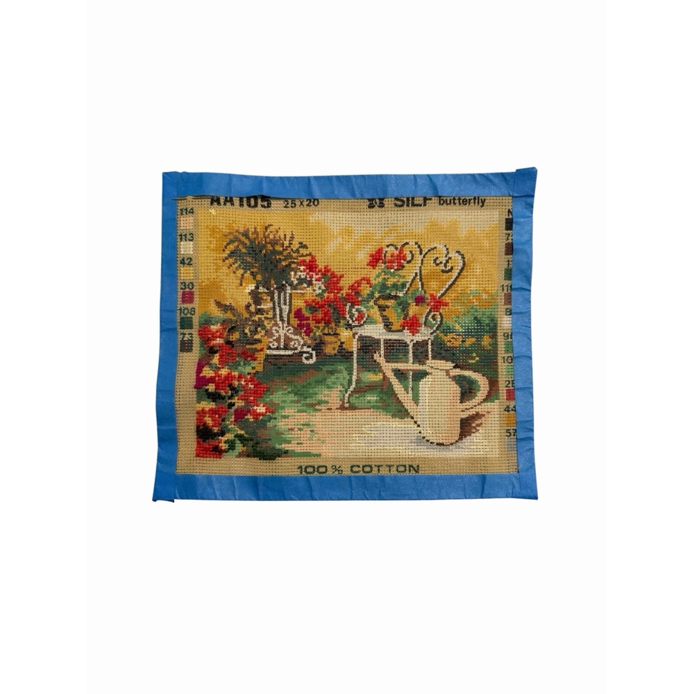 Vintage Silf Butterfly Needlepoint Canvas AA105 Garden Patio Scene Made In Italy